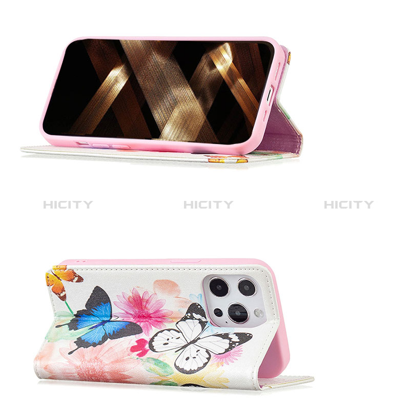 Handytasche Stand Schutzhülle Flip Leder Hülle Schmetterling L01 für Apple iPhone 14 Pro Rosa groß