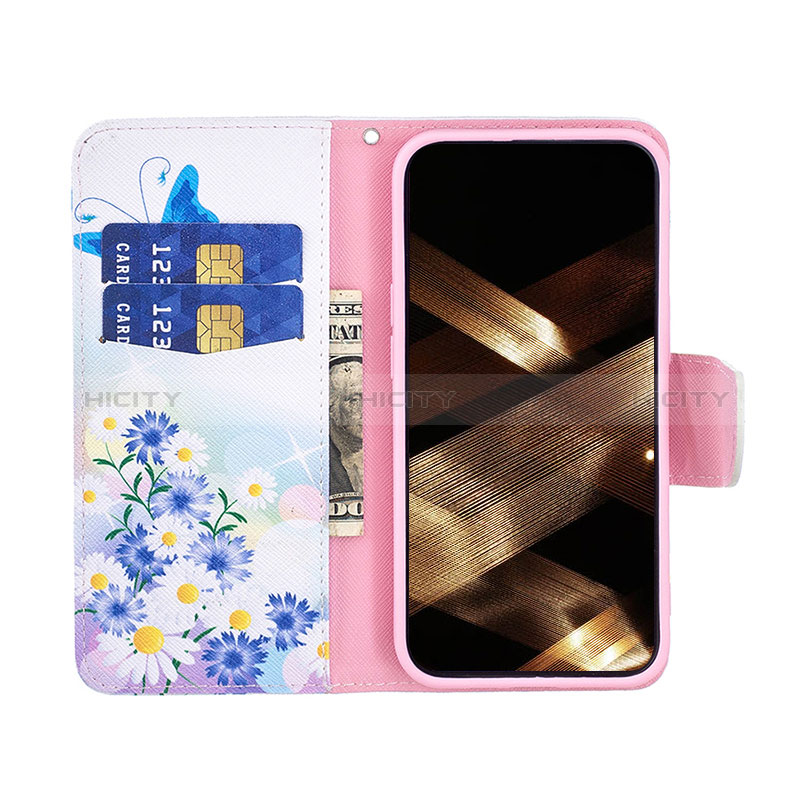 Handytasche Stand Schutzhülle Flip Leder Hülle Schmetterling L01 für Apple iPhone 15 Blau groß