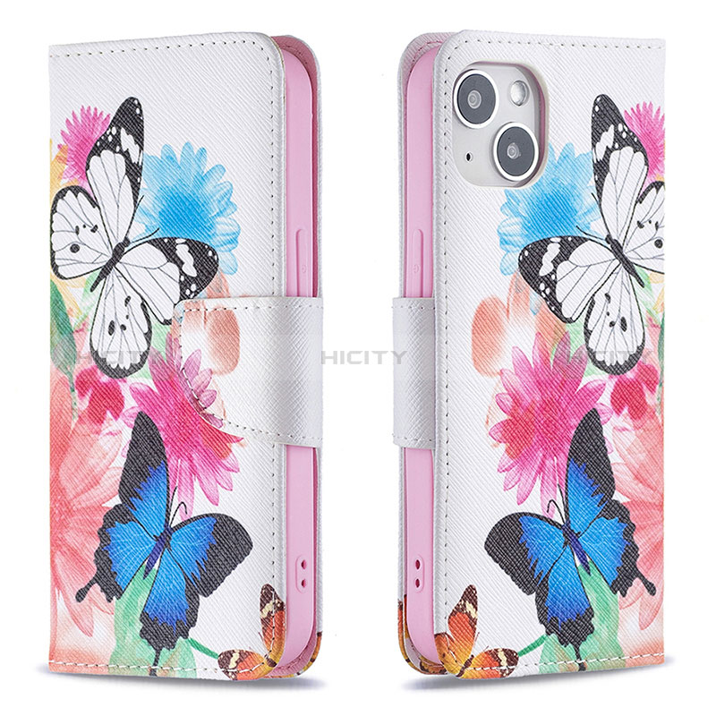 Handytasche Stand Schutzhülle Flip Leder Hülle Schmetterling L01 für Apple iPhone 15 Plus Rosa Plus