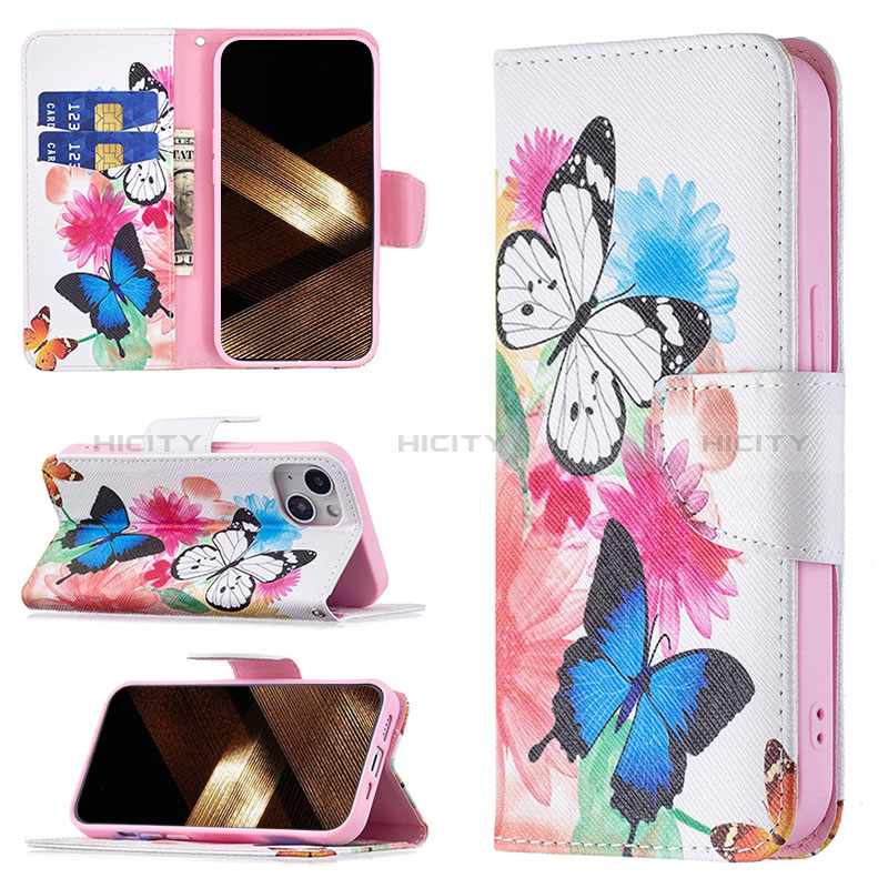 Handytasche Stand Schutzhülle Flip Leder Hülle Schmetterling L01 für Apple iPhone 15 Plus Rosa groß