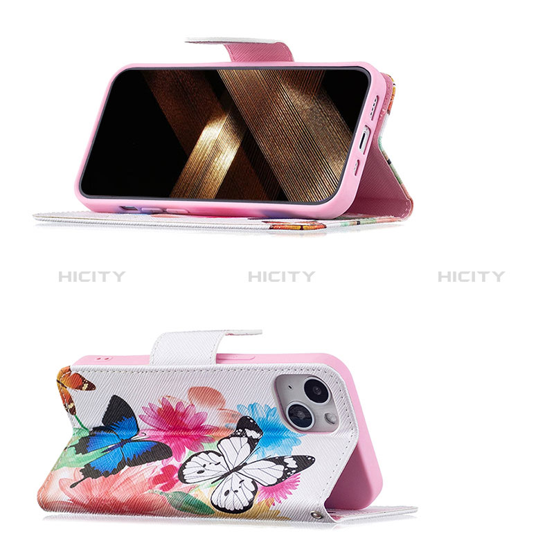 Handytasche Stand Schutzhülle Flip Leder Hülle Schmetterling L01 für Apple iPhone 15 Plus Rosa groß