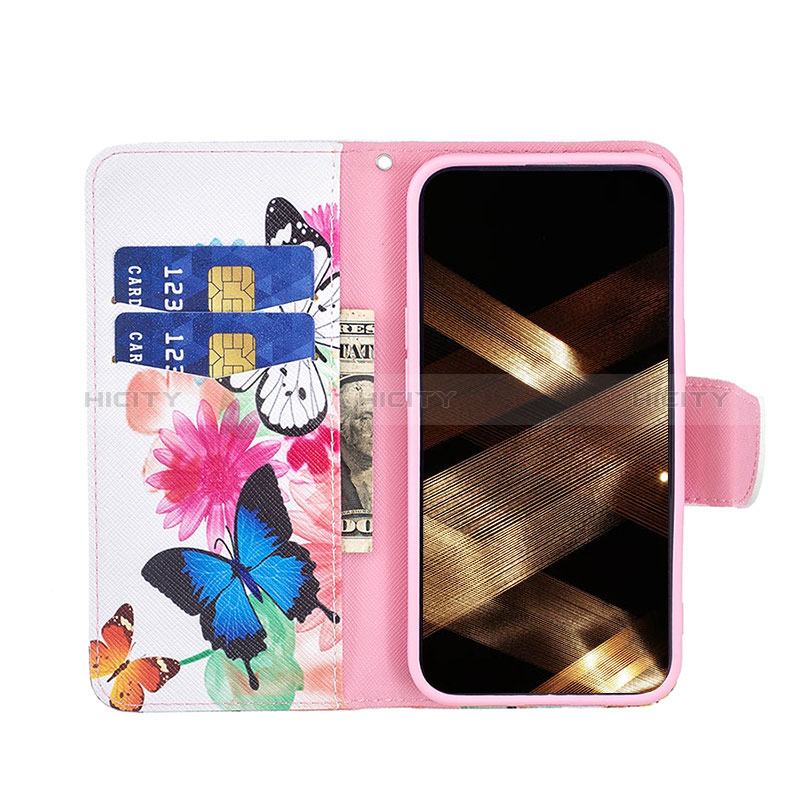 Handytasche Stand Schutzhülle Flip Leder Hülle Schmetterling L01 für Apple iPhone 15 Plus Rosa groß