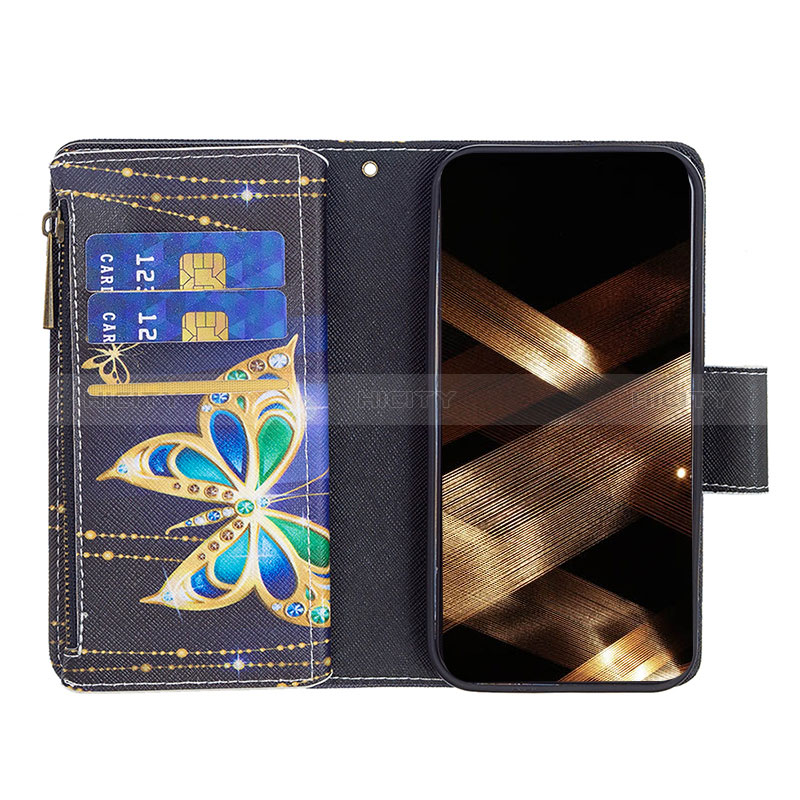 Handytasche Stand Schutzhülle Flip Leder Hülle Schmetterling L01 für Apple iPhone 15 Plus Schwarz groß