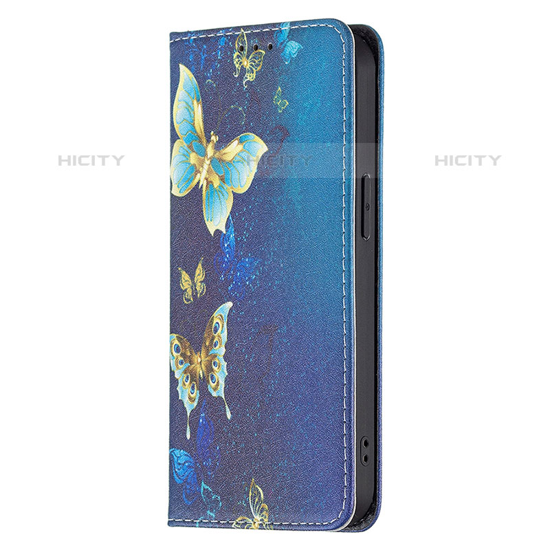 Handytasche Stand Schutzhülle Flip Leder Hülle Schmetterling L01 für Apple iPhone 15 Pro Blau