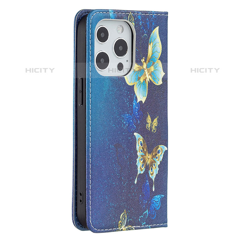 Handytasche Stand Schutzhülle Flip Leder Hülle Schmetterling L01 für Apple iPhone 15 Pro Blau