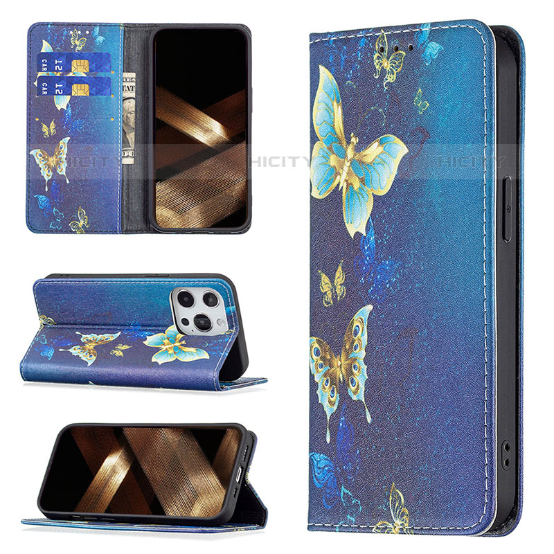 Handytasche Stand Schutzhülle Flip Leder Hülle Schmetterling L01 für Apple iPhone 15 Pro Blau