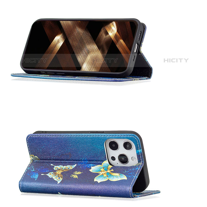 Handytasche Stand Schutzhülle Flip Leder Hülle Schmetterling L01 für Apple iPhone 15 Pro Blau