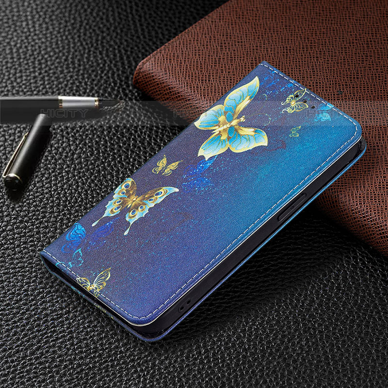 Handytasche Stand Schutzhülle Flip Leder Hülle Schmetterling L01 für Apple iPhone 15 Pro Blau