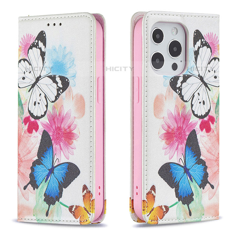 Handytasche Stand Schutzhülle Flip Leder Hülle Schmetterling L01 für Apple iPhone 15 Pro Rosa