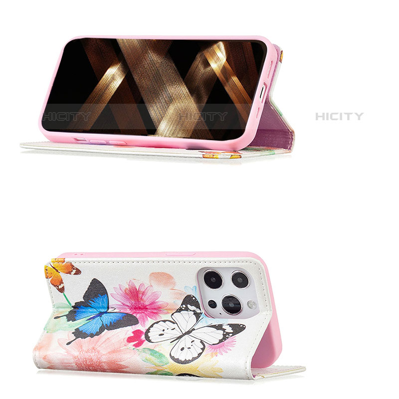 Handytasche Stand Schutzhülle Flip Leder Hülle Schmetterling L01 für Apple iPhone 15 Pro Rosa