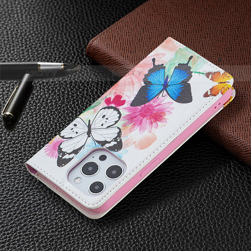 Handytasche Stand Schutzhülle Flip Leder Hülle Schmetterling L01 für Apple iPhone 15 Pro Rosa