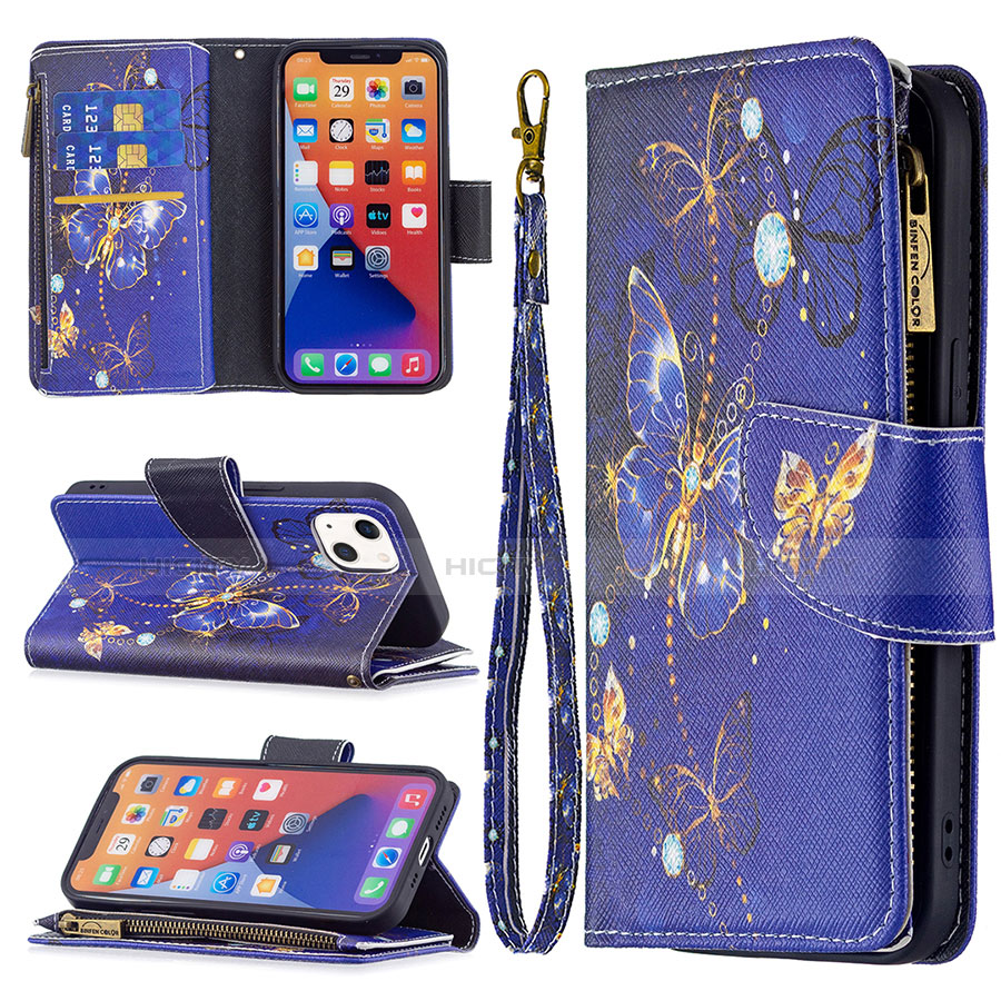 Handytasche Stand Schutzhülle Flip Leder Hülle Schmetterling L03 für Apple iPhone 13 Blau