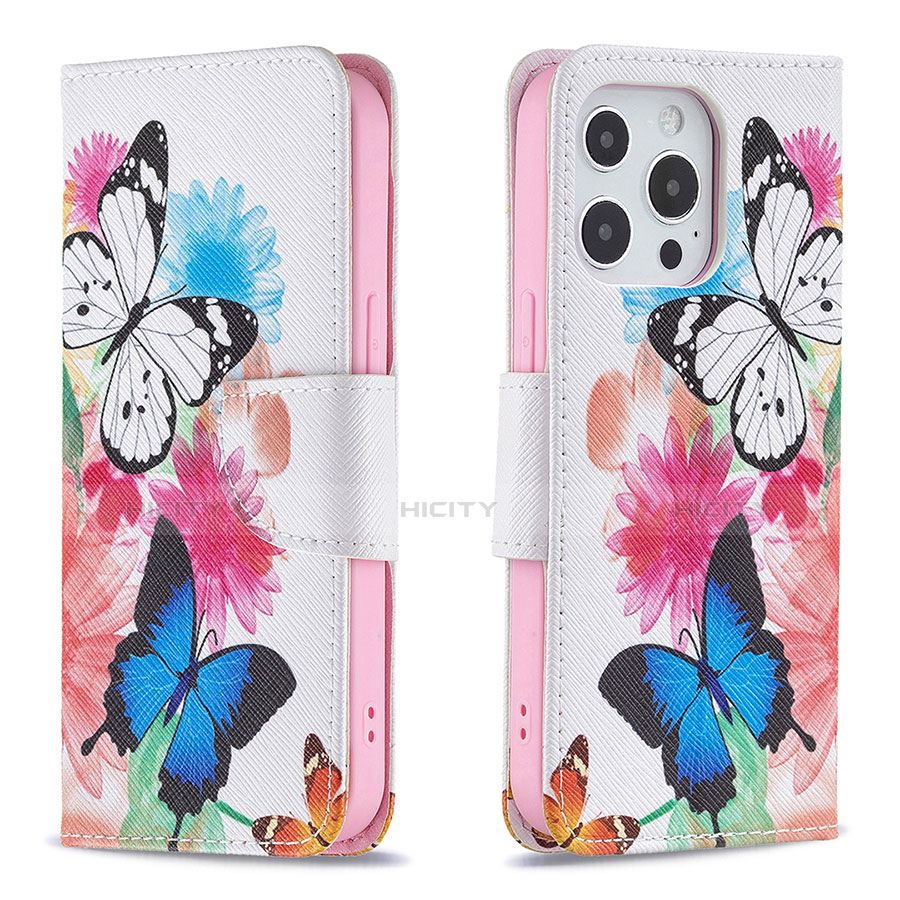 Handytasche Stand Schutzhülle Flip Leder Hülle Schmetterling L03 für Apple iPhone 13 Pro Max Rosa