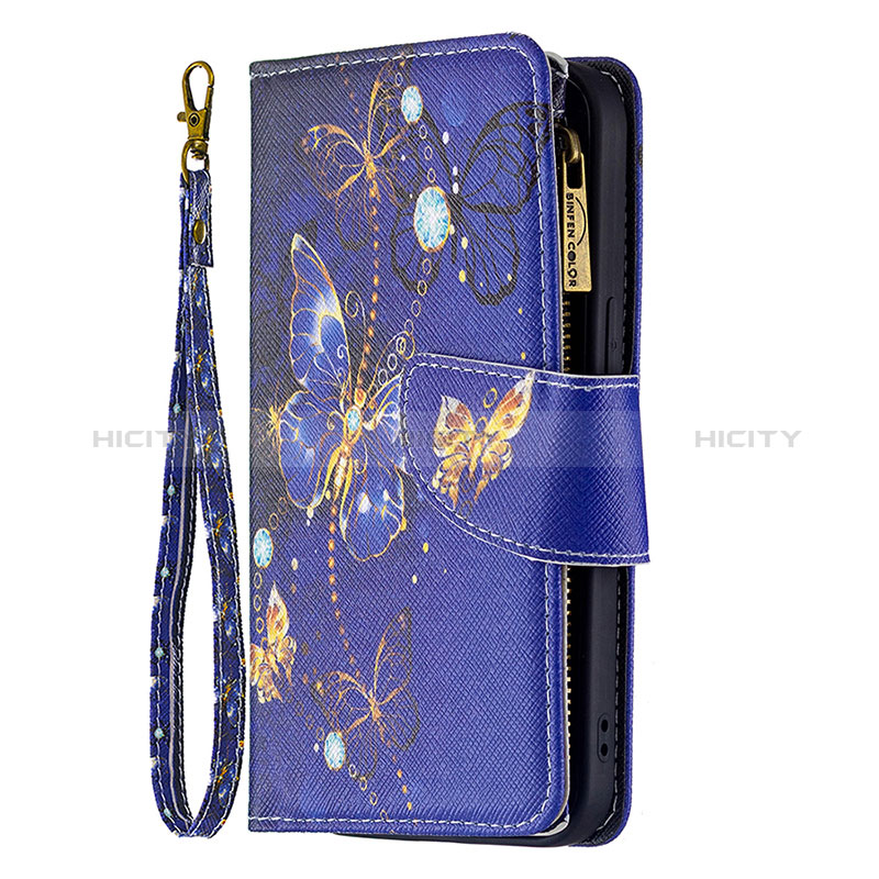 Handytasche Stand Schutzhülle Flip Leder Hülle Schmetterling L03 für Apple iPhone 15 Blau groß