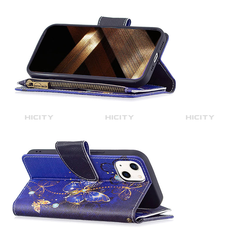 Handytasche Stand Schutzhülle Flip Leder Hülle Schmetterling L03 für Apple iPhone 15 Blau groß