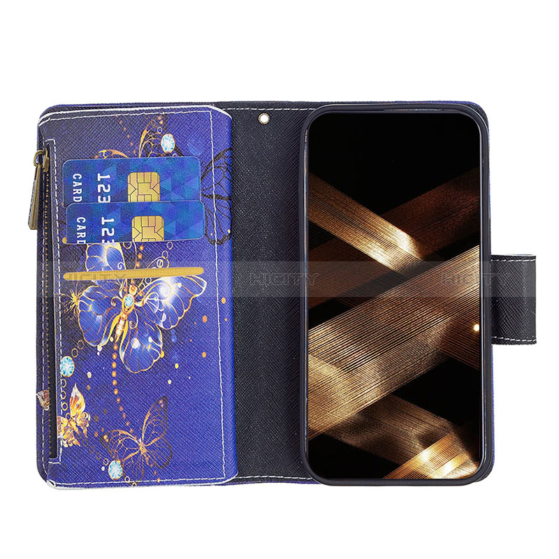 Handytasche Stand Schutzhülle Flip Leder Hülle Schmetterling L03 für Apple iPhone 15 Blau groß