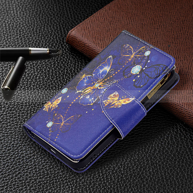 Handytasche Stand Schutzhülle Flip Leder Hülle Schmetterling L03 für Apple iPhone 15 Blau groß