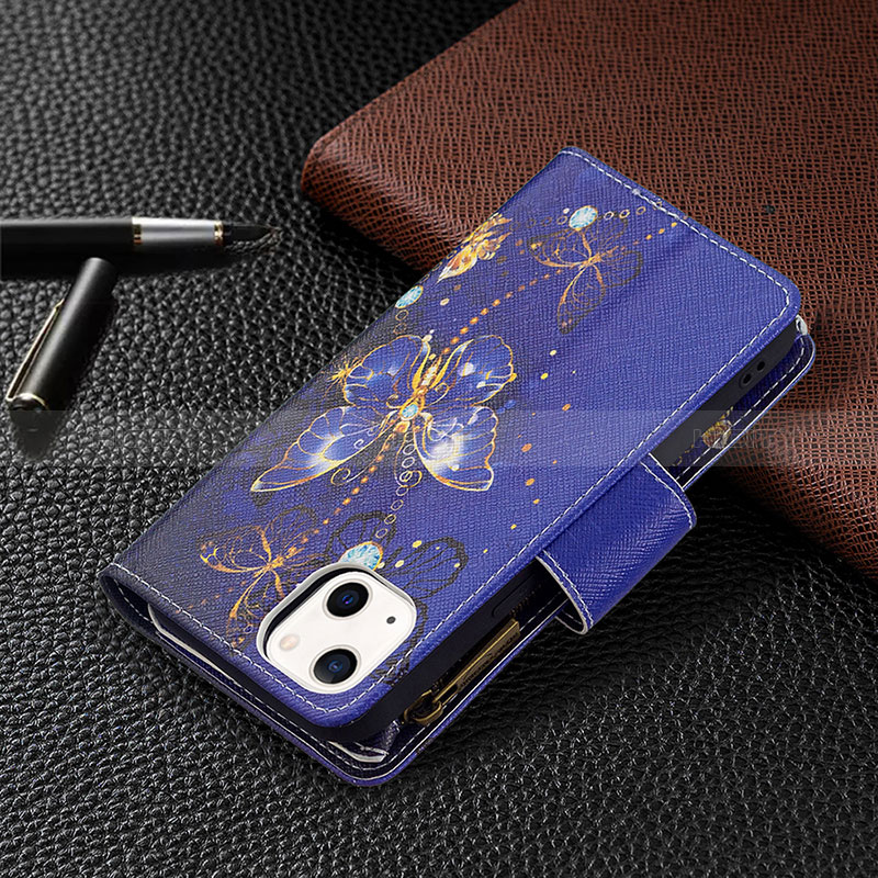 Handytasche Stand Schutzhülle Flip Leder Hülle Schmetterling L03 für Apple iPhone 15 Blau groß