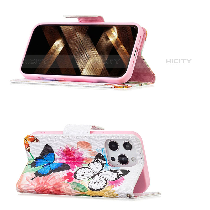 Handytasche Stand Schutzhülle Flip Leder Hülle Schmetterling L03 für Apple iPhone 15 Pro Rosa