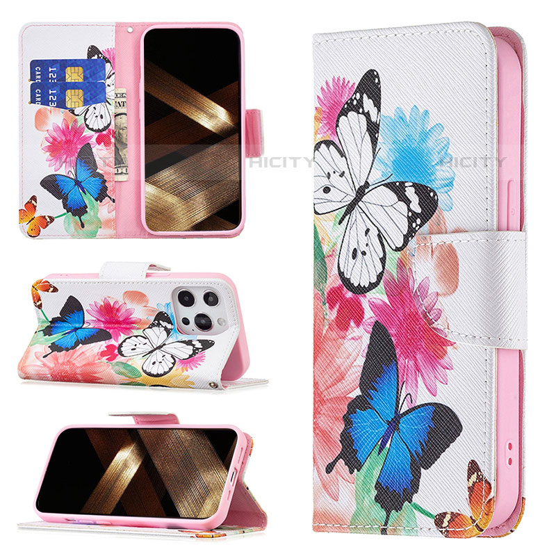 Handytasche Stand Schutzhülle Flip Leder Hülle Schmetterling L03 für Apple iPhone 16 Pro Max Rosa Plus