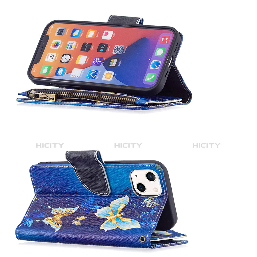 Handytasche Stand Schutzhülle Flip Leder Hülle Schmetterling L04 für Apple iPhone 14 Blau