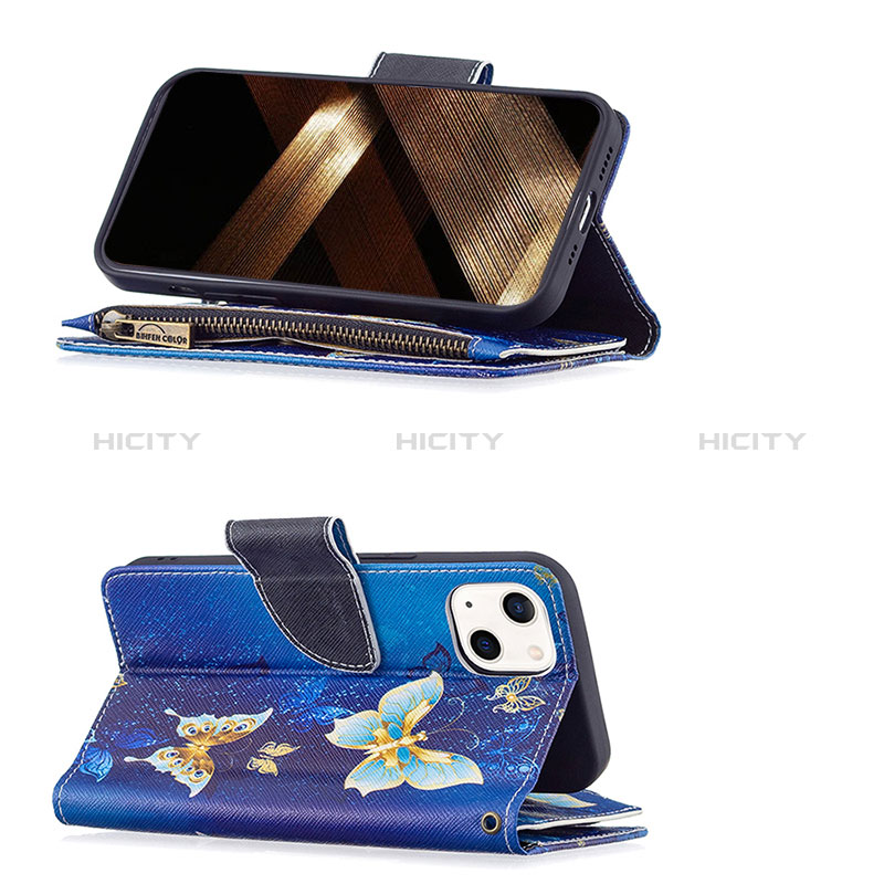 Handytasche Stand Schutzhülle Flip Leder Hülle Schmetterling L04 für Apple iPhone 15 Blau groß