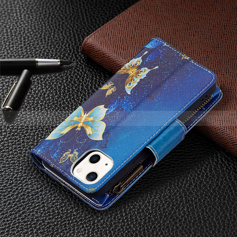 Handytasche Stand Schutzhülle Flip Leder Hülle Schmetterling L04 für Apple iPhone 15 Blau groß