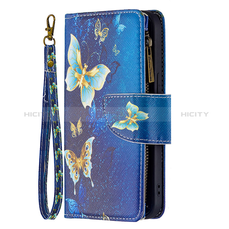 Handytasche Stand Schutzhülle Flip Leder Hülle Schmetterling L04 für Apple iPhone 15 Plus Blau