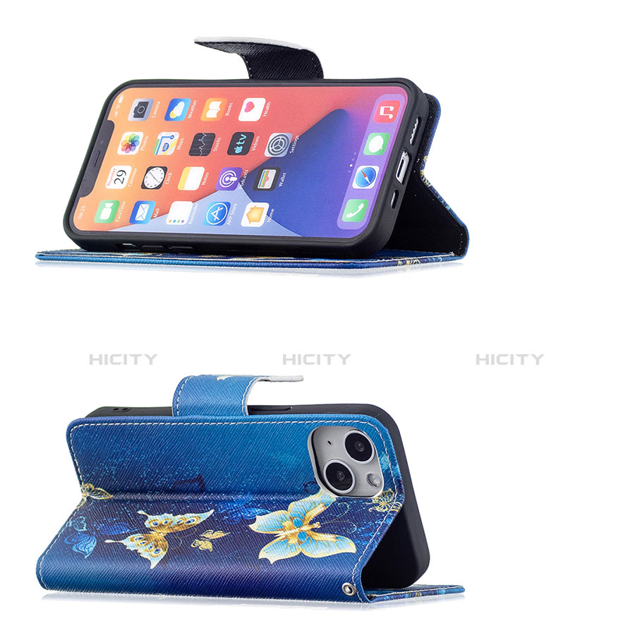 Handytasche Stand Schutzhülle Flip Leder Hülle Schmetterling L07 für Apple iPhone 13 Mini Blau