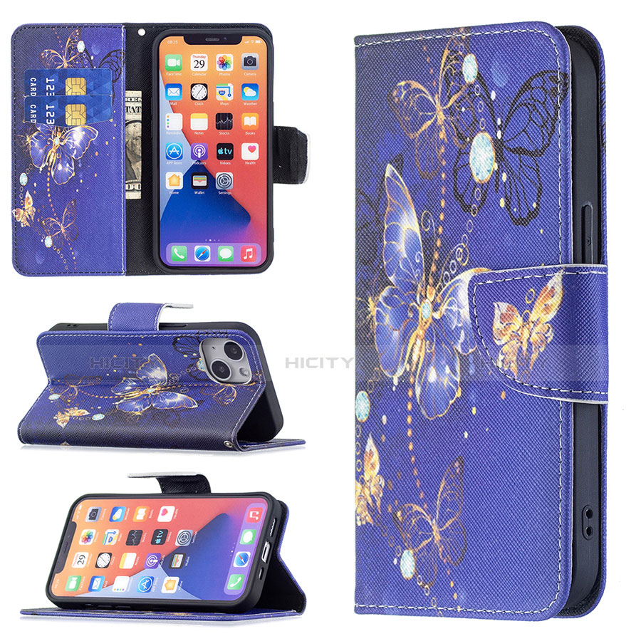 Handytasche Stand Schutzhülle Flip Leder Hülle Schmetterling L07 für Apple iPhone 13 Mini Königs Blau