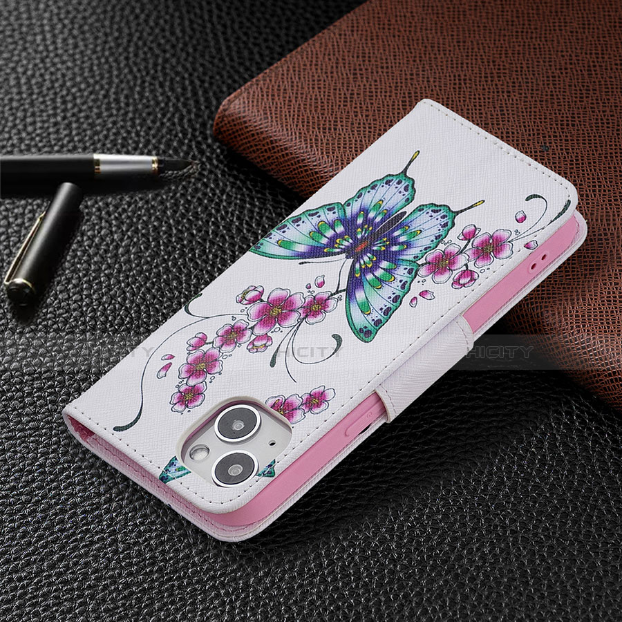 Handytasche Stand Schutzhülle Flip Leder Hülle Schmetterling L07 für Apple iPhone 13 Mini Weiß