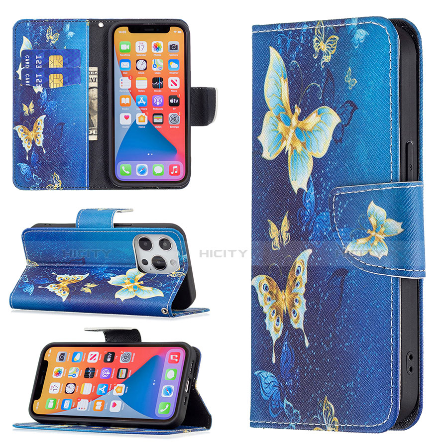 Handytasche Stand Schutzhülle Flip Leder Hülle Schmetterling L07 für Apple iPhone 13 Pro Blau