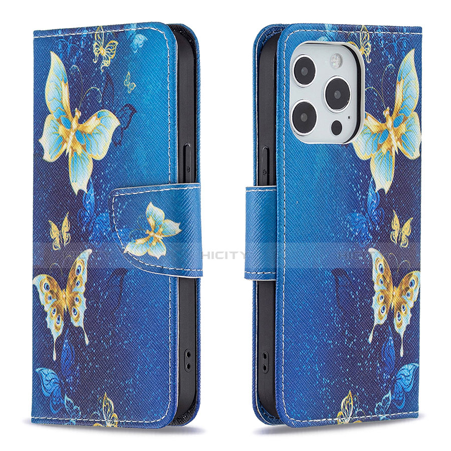 Handytasche Stand Schutzhülle Flip Leder Hülle Schmetterling L07 für Apple iPhone 13 Pro Blau