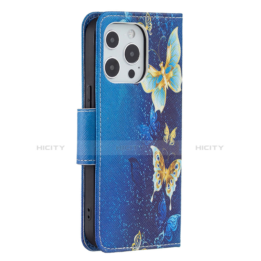 Handytasche Stand Schutzhülle Flip Leder Hülle Schmetterling L07 für Apple iPhone 13 Pro Blau