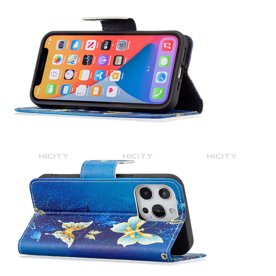 Handytasche Stand Schutzhülle Flip Leder Hülle Schmetterling L07 für Apple iPhone 13 Pro Blau