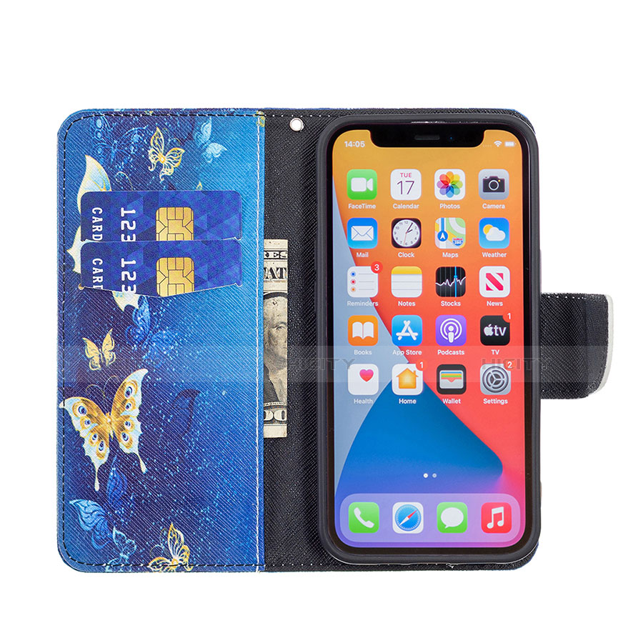 Handytasche Stand Schutzhülle Flip Leder Hülle Schmetterling L07 für Apple iPhone 13 Pro Blau