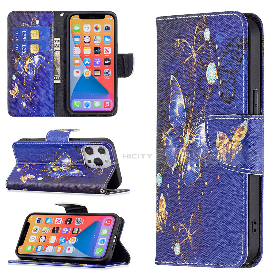 Handytasche Stand Schutzhülle Flip Leder Hülle Schmetterling L07 für Apple iPhone 13 Pro Königs Blau