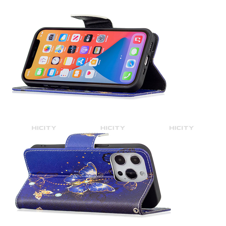 Handytasche Stand Schutzhülle Flip Leder Hülle Schmetterling L07 für Apple iPhone 13 Pro Königs Blau