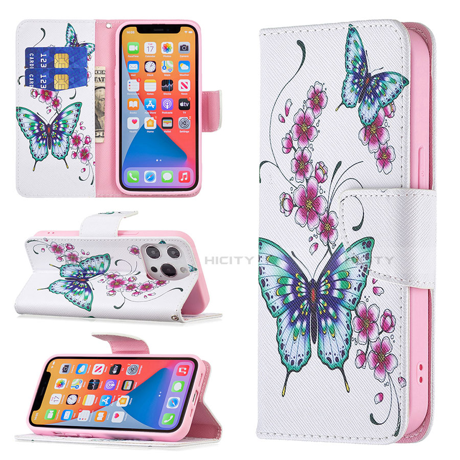 Handytasche Stand Schutzhülle Flip Leder Hülle Schmetterling L07 für Apple iPhone 13 Pro Rosa