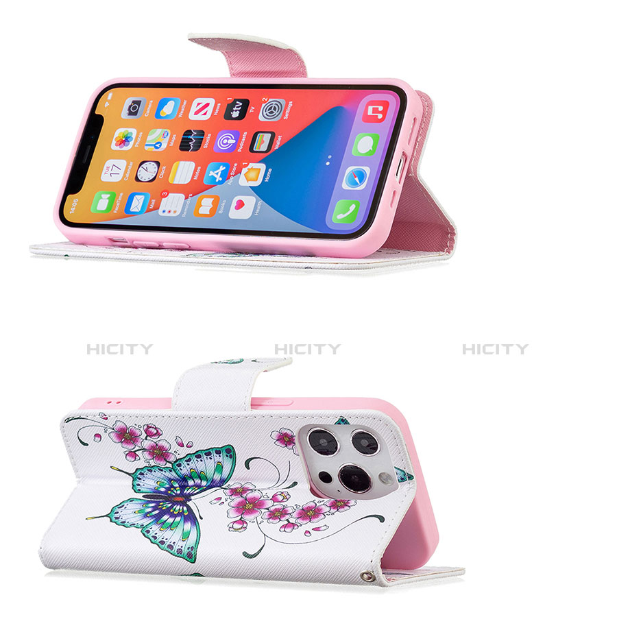 Handytasche Stand Schutzhülle Flip Leder Hülle Schmetterling L07 für Apple iPhone 13 Pro Rosa