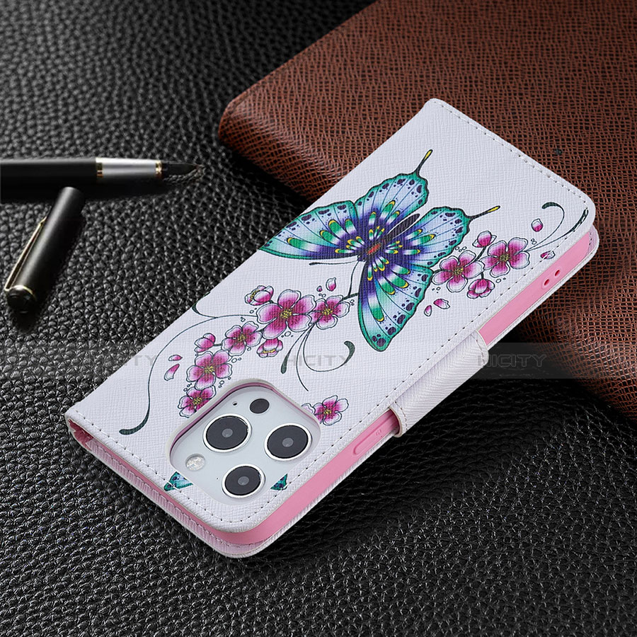 Handytasche Stand Schutzhülle Flip Leder Hülle Schmetterling L07 für Apple iPhone 13 Pro Rosa