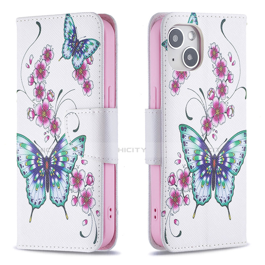 Handytasche Stand Schutzhülle Flip Leder Hülle Schmetterling L07 für Apple iPhone 14 Plus Weiß