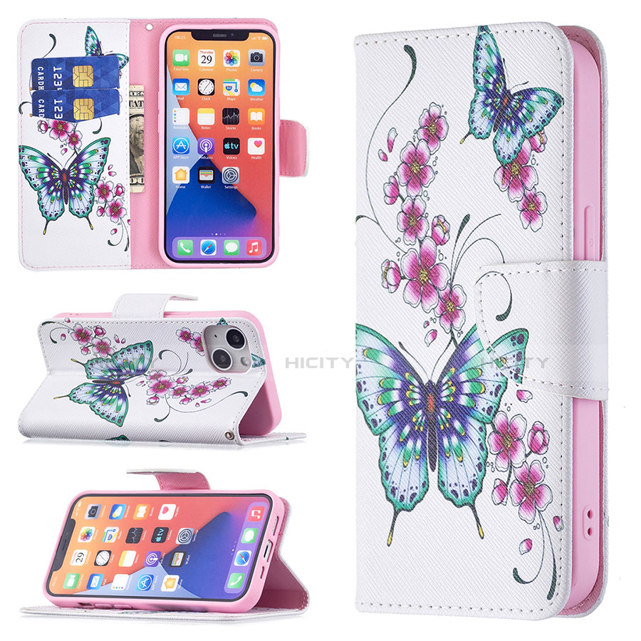 Handytasche Stand Schutzhülle Flip Leder Hülle Schmetterling L07 für Apple iPhone 14 Plus Weiß