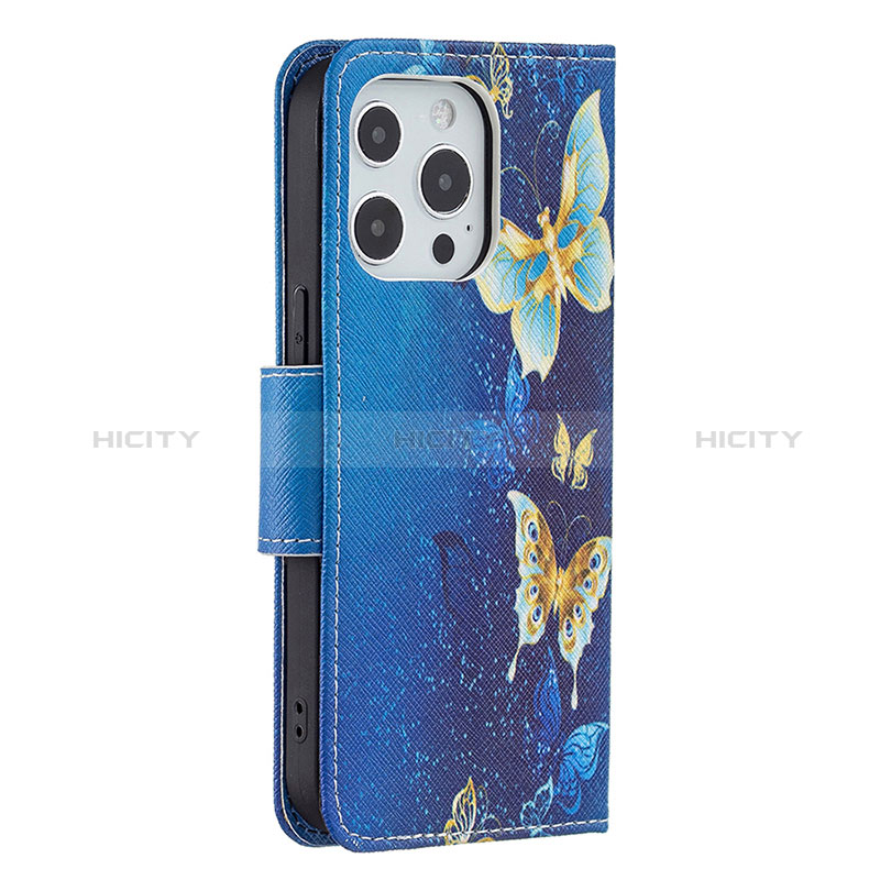 Handytasche Stand Schutzhülle Flip Leder Hülle Schmetterling L07 für Apple iPhone 14 Pro Blau groß