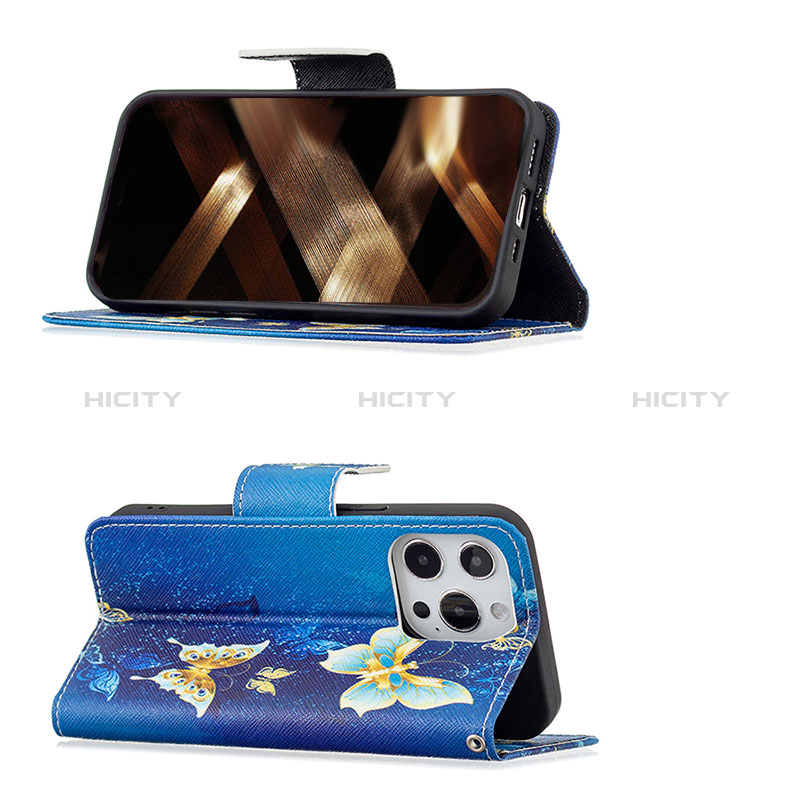 Handytasche Stand Schutzhülle Flip Leder Hülle Schmetterling L07 für Apple iPhone 14 Pro Blau groß