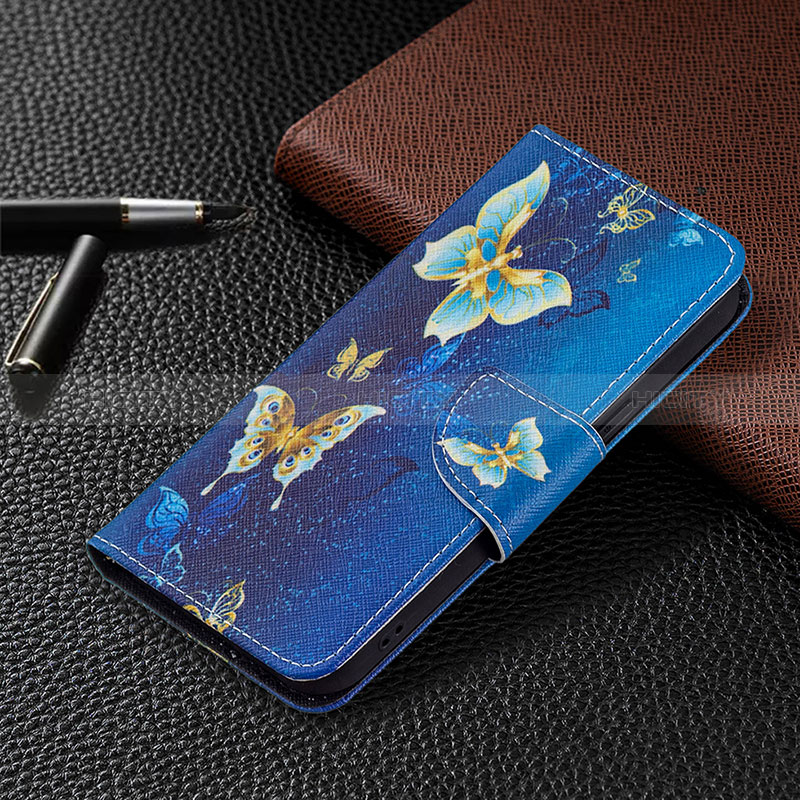 Handytasche Stand Schutzhülle Flip Leder Hülle Schmetterling L07 für Apple iPhone 14 Pro Blau groß