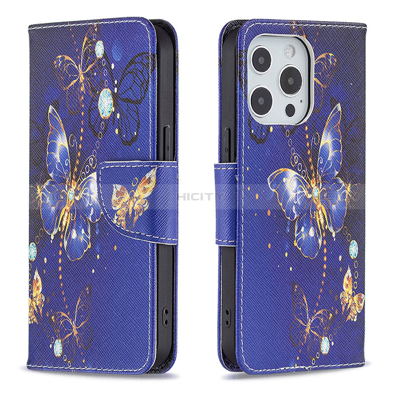 Handytasche Stand Schutzhülle Flip Leder Hülle Schmetterling L07 für Apple iPhone 14 Pro Königs Blau