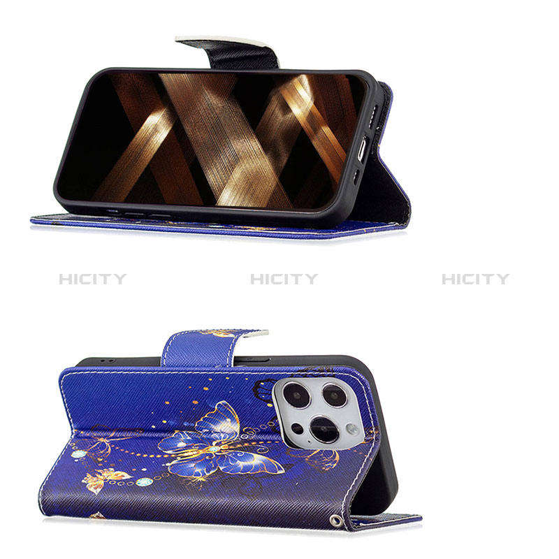 Handytasche Stand Schutzhülle Flip Leder Hülle Schmetterling L07 für Apple iPhone 14 Pro Königs Blau