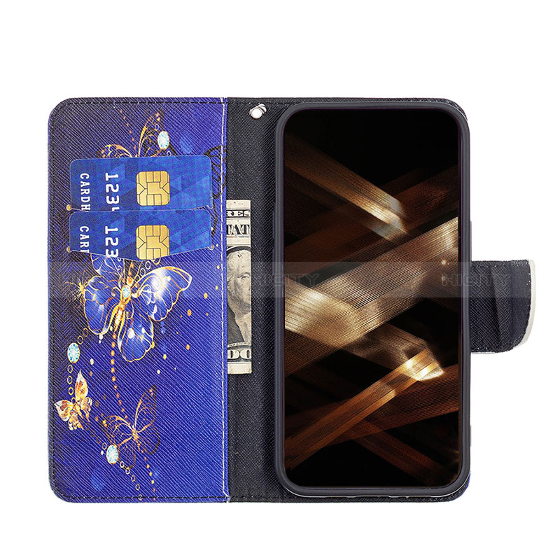 Handytasche Stand Schutzhülle Flip Leder Hülle Schmetterling L07 für Apple iPhone 14 Pro Königs Blau