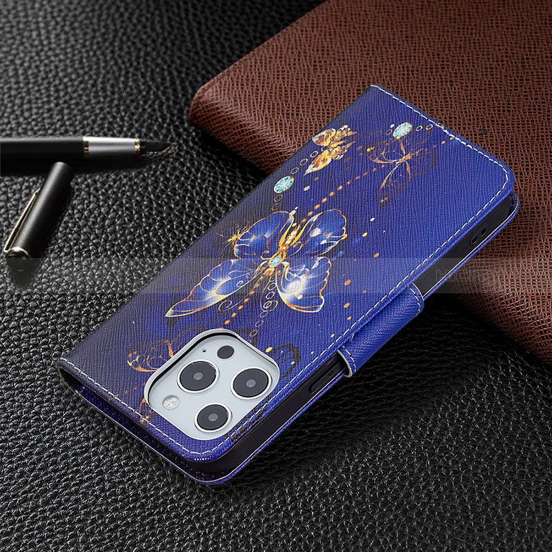 Handytasche Stand Schutzhülle Flip Leder Hülle Schmetterling L07 für Apple iPhone 14 Pro Königs Blau